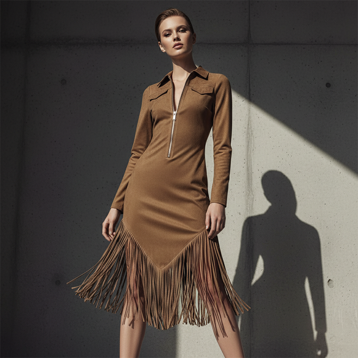 Alira - Rochie MIDI Cu Guler, Franjuri Și Fermoar Frontal