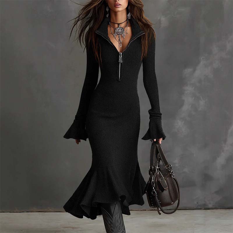 Yafella - Rochie Elegantă Tricotată cu Fermoar și Mâneci Evazate