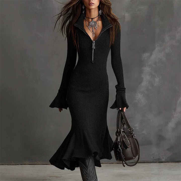 Yafella - Rochie Elegantă Tricotată cu Fermoar și Mâneci Evazate