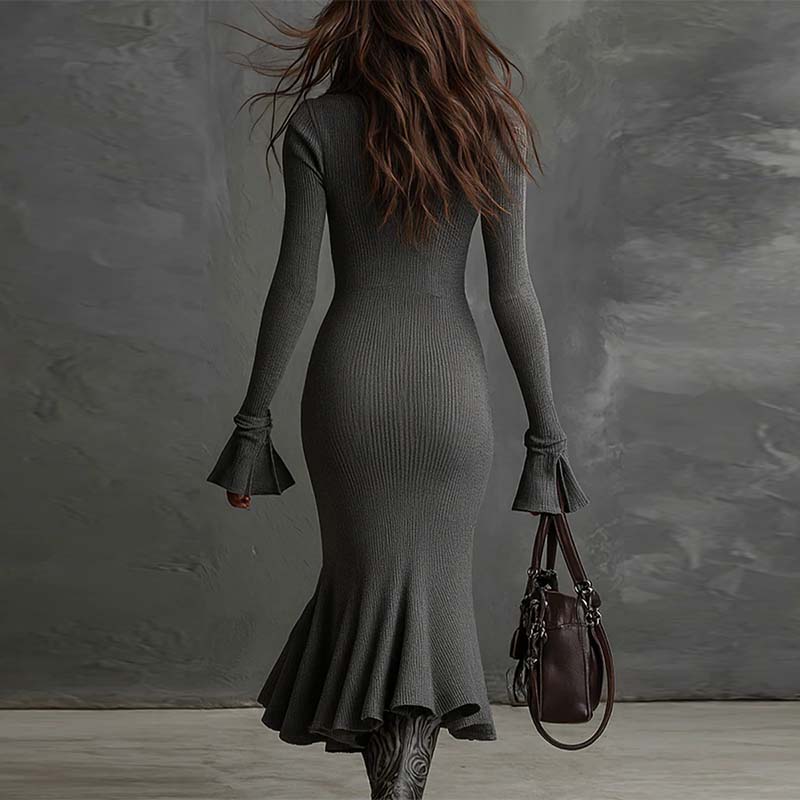 Yafella - Rochie Elegantă Tricotată cu Fermoar și Mâneci Evazate