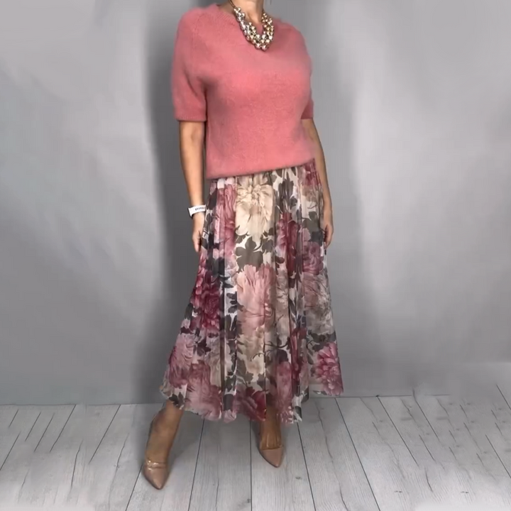 Nirosha - Bluză Elegantă Din Tricot cu Imprimeu Floral și Fustă Midi