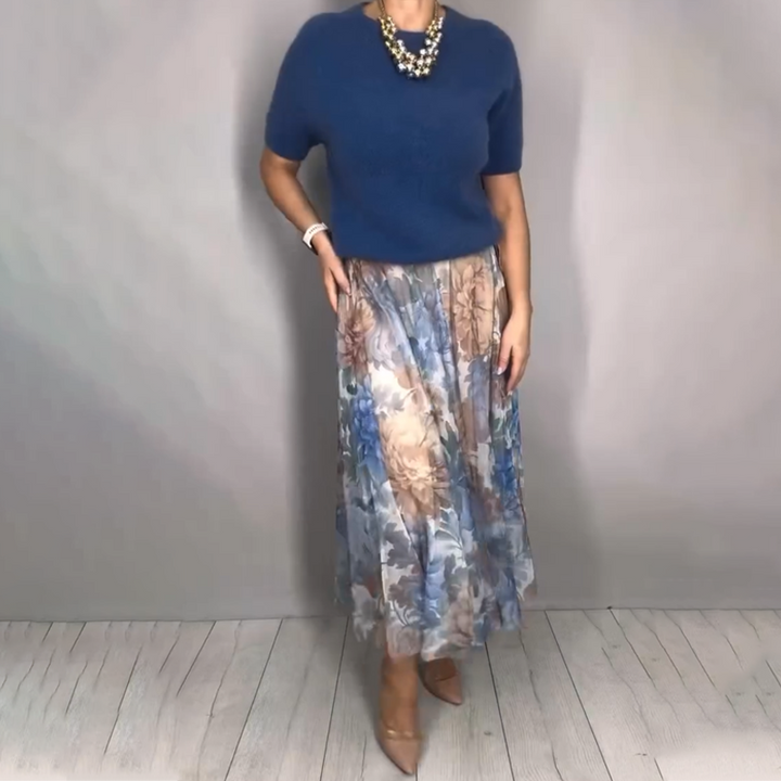 Nirosha - Bluză Elegantă Din Tricot cu Imprimeu Floral și Fustă Midi