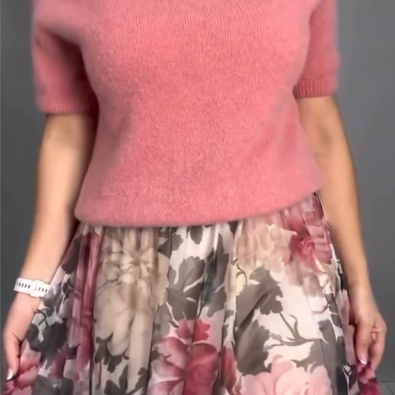 Nirosha - Bluză Elegantă Din Tricot cu Imprimeu Floral și Fustă Midi