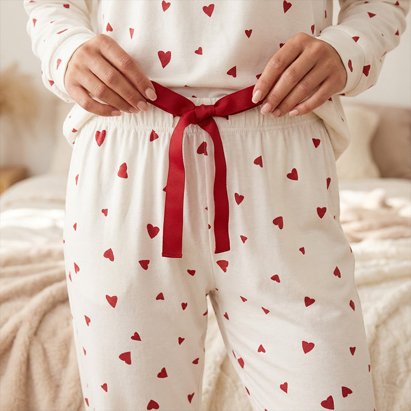 Rugile - Set de Pijamale Confortabil cu Imprimeu în Formă de Inimă