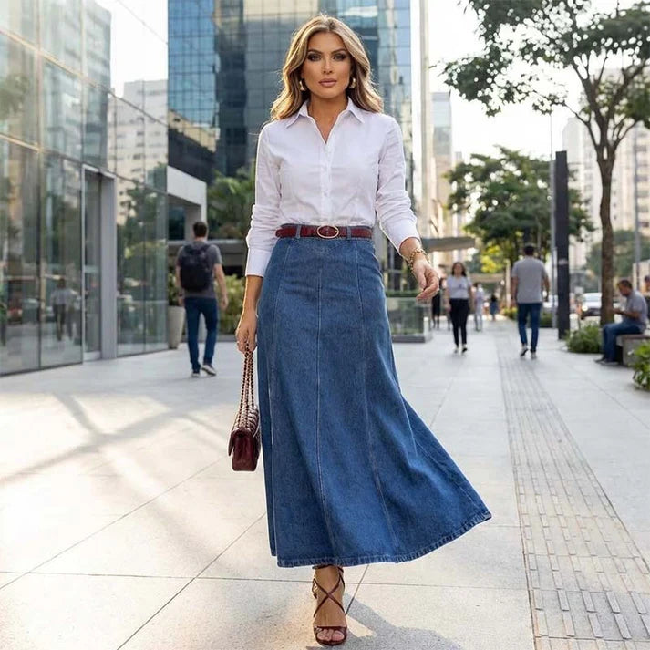 Bimansa - Fustă Midi Din Denim cu Talie înaltă și Croi în A