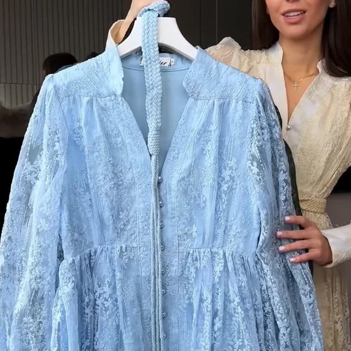 Roslyn - Rochie Lungă Brodată Cu Mâneci Lungi Bufante