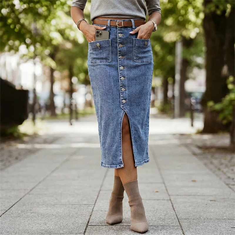 Ralisia - Fustă Din Denim cu Talie înaltă și nasture