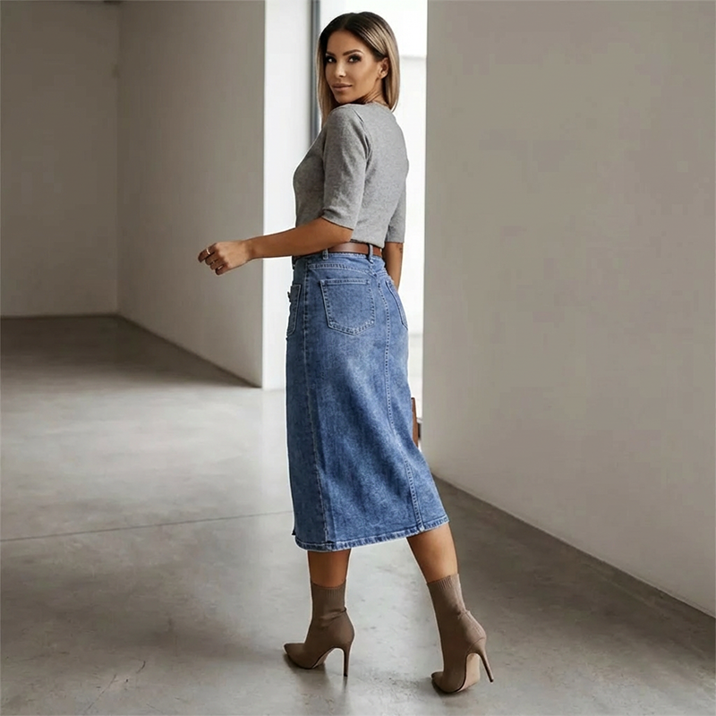 Ralisia - Fustă Din Denim cu Talie înaltă și nasture