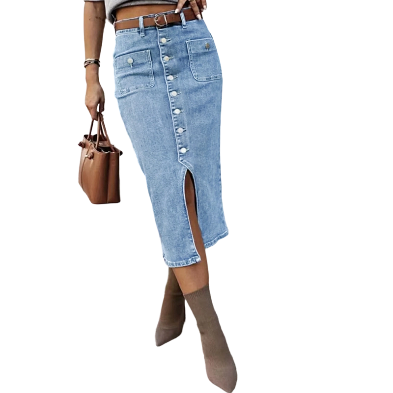 Ralisia - Fustă Din Denim cu Talie înaltă și nasture