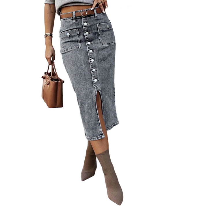 Ralisia - Fustă Din Denim cu Talie înaltă și nasture