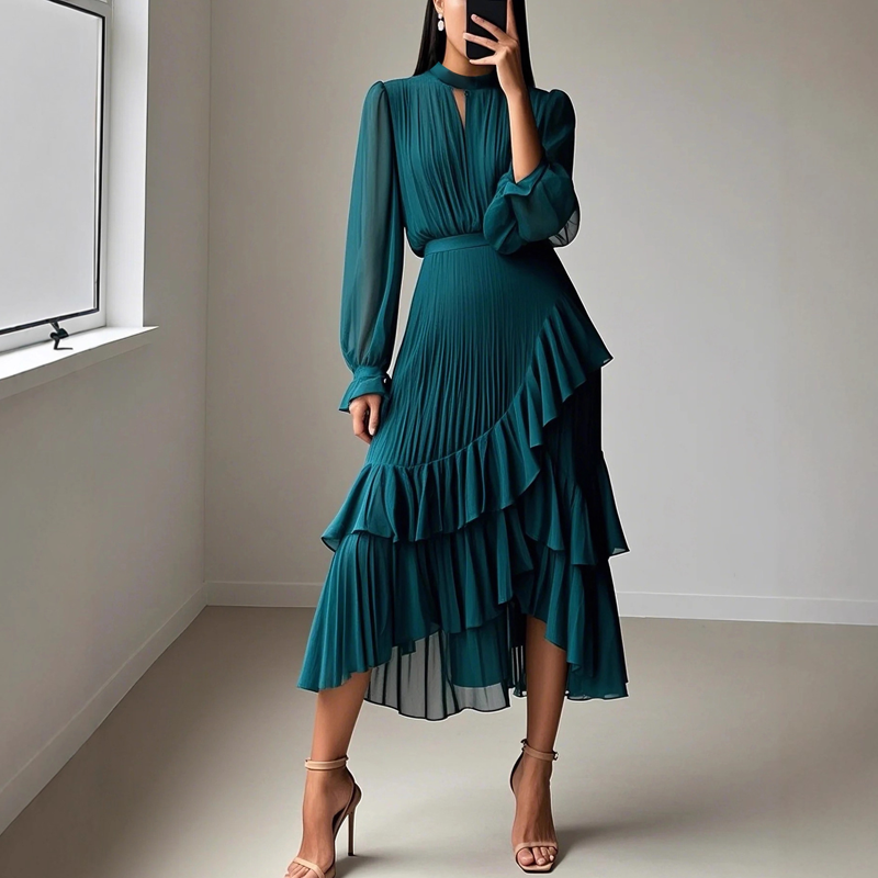 Daryna - Rochie Midi Plisată Cu Decolteu în Formă De Cheie