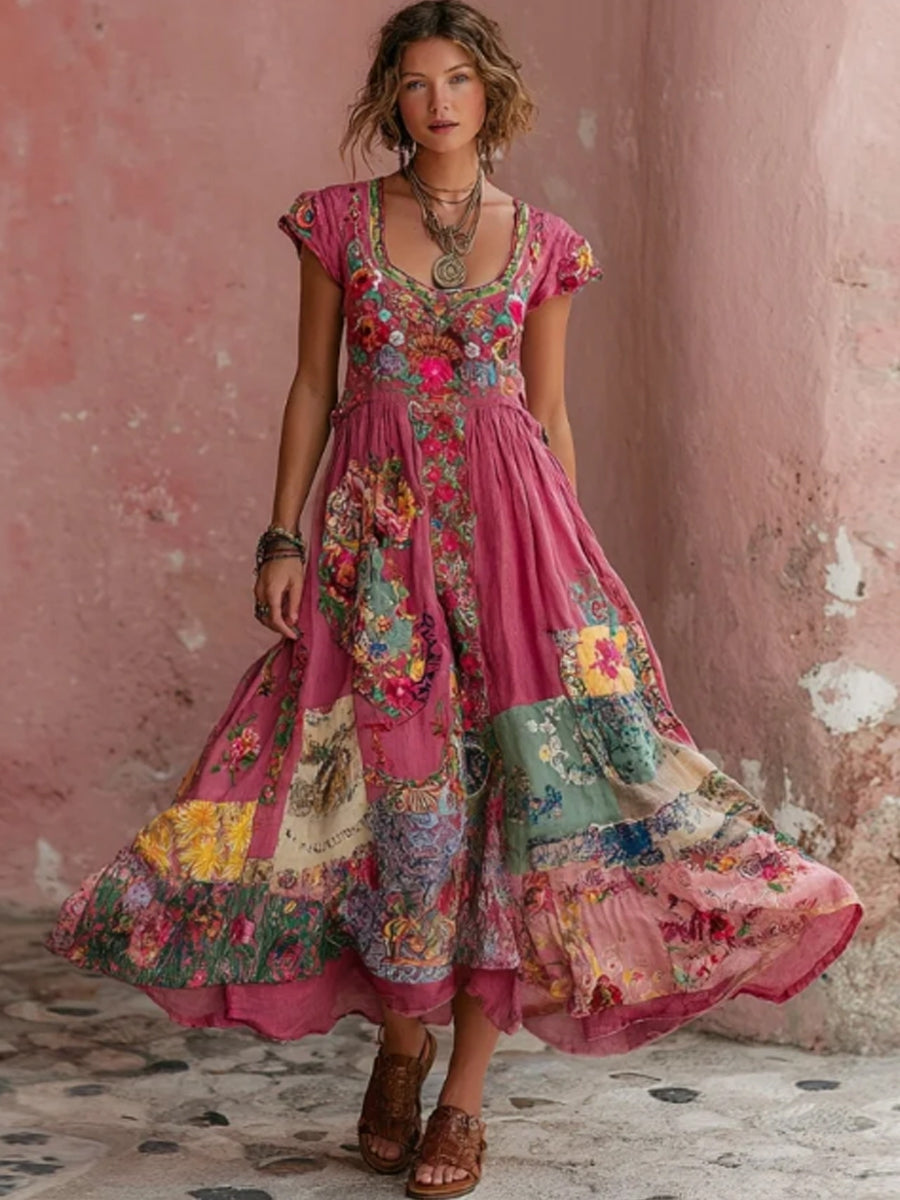 Emilien - Rochie maxi cu Broderie Florală Artistică