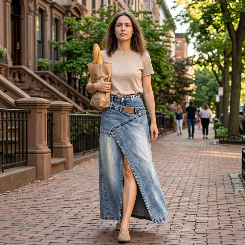Iliza - Fustă Asimetrică Din Denim, Cu Straturi și Fante