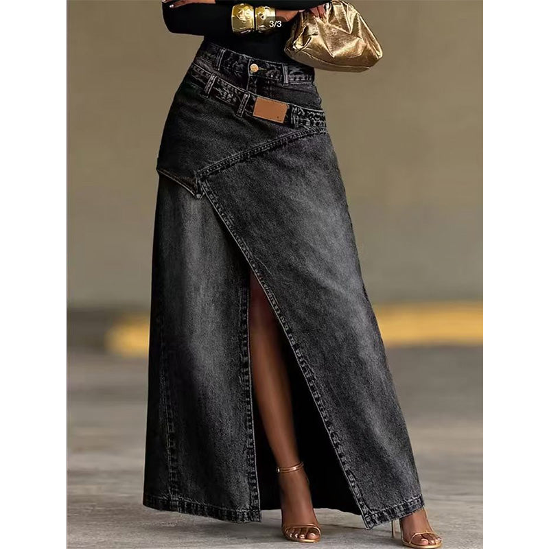 Iliza - Fustă Asimetrică Din Denim, Cu Straturi și Fante