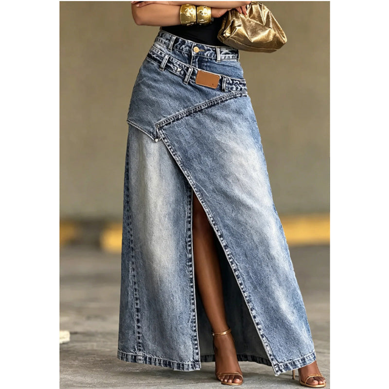 Iliza - Fustă Asimetrică Din Denim, Cu Straturi și Fante