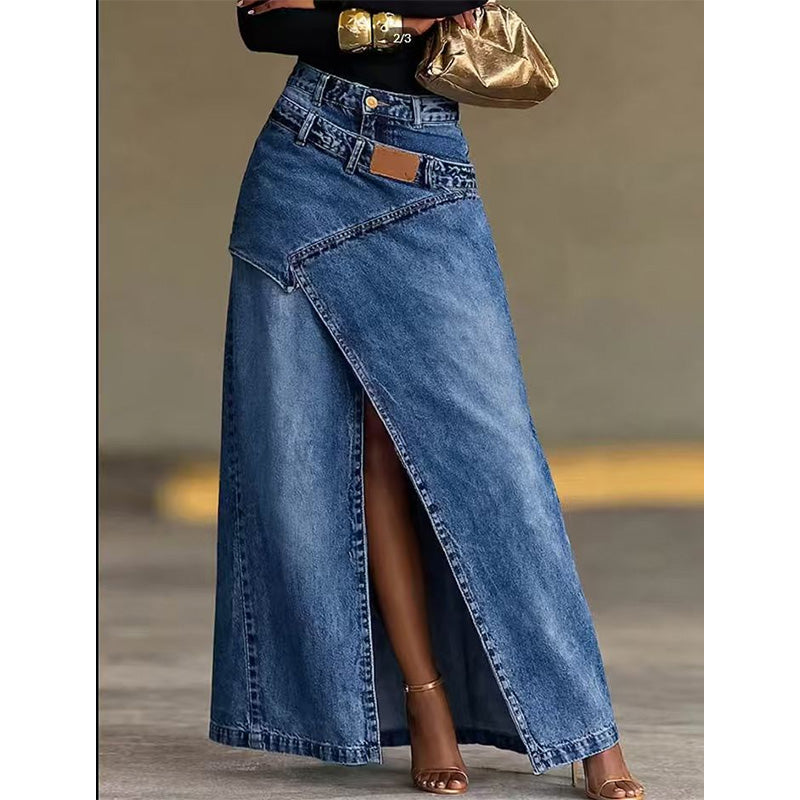 Iliza - Fustă Asimetrică Din Denim, Cu Straturi și Fante