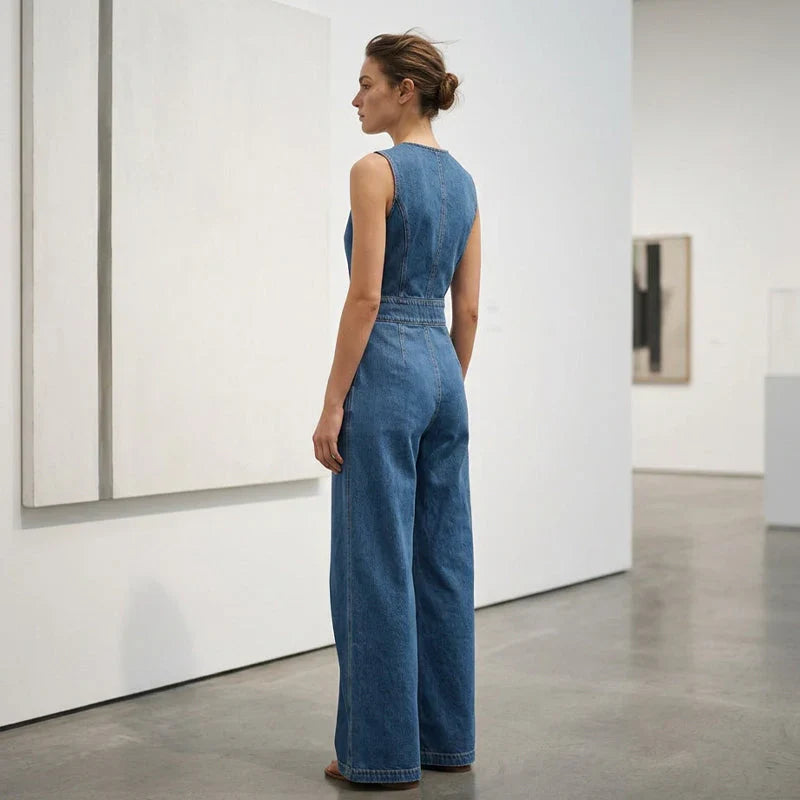 Laurien - Salopetă Din Denim Fără Mâneci, Asimetrică, Cu Croi Înfășurat