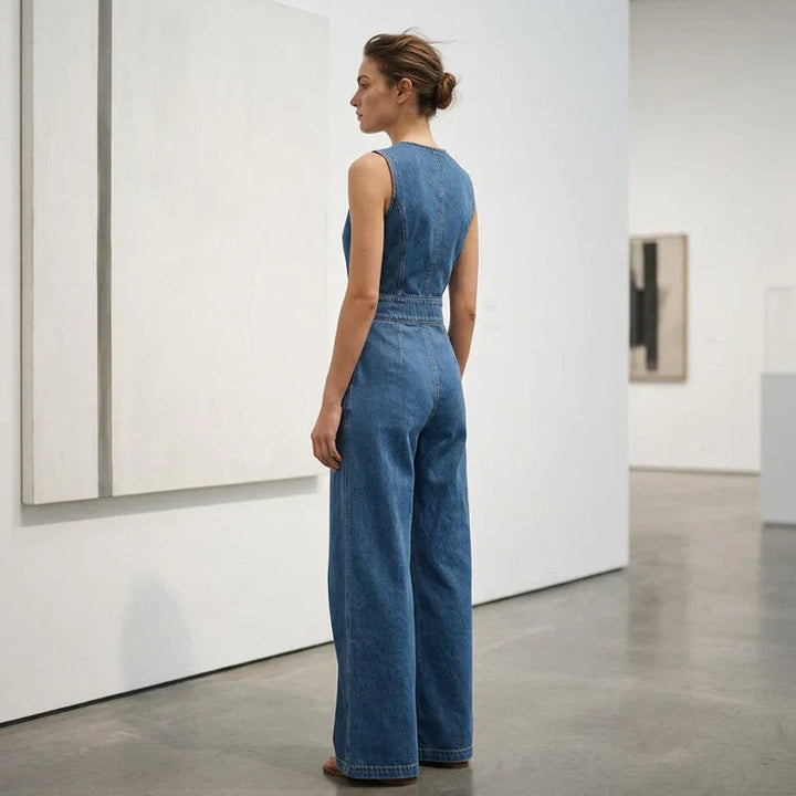 Laurien - Salopetă Din Denim Fără Mâneci, Asimetrică, Cu Croi Înfășurat
