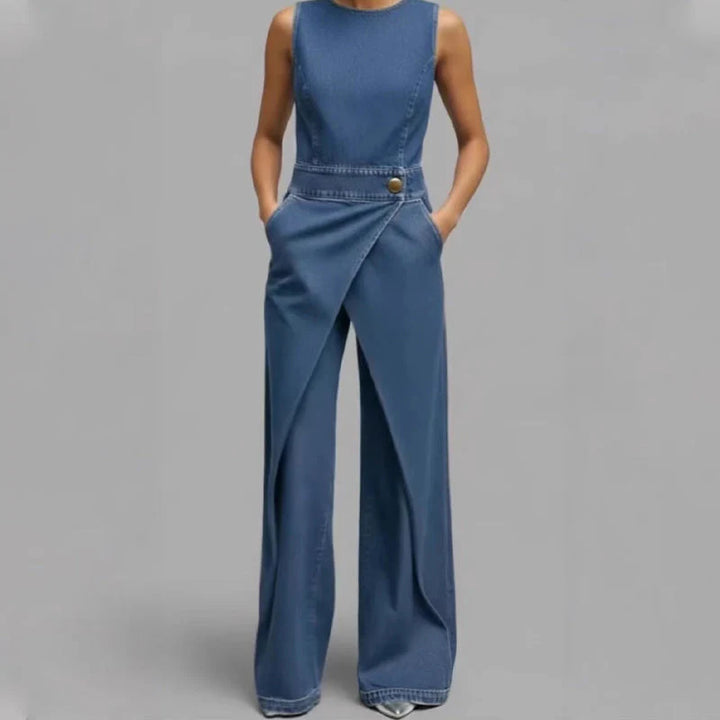 Laurien - Salopetă Din Denim Fără Mâneci, Asimetrică, Cu Croi Înfășurat
