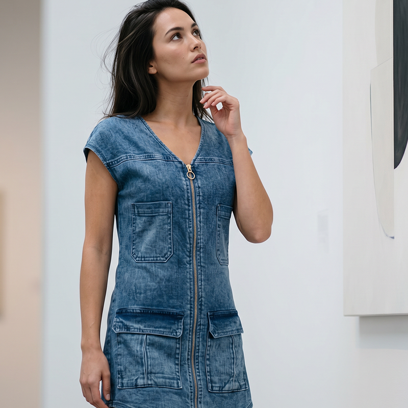 Esinila - Rochie Din Denim Cu Mâneci Scurte și Fermoar