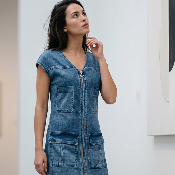 Esinila - Rochie Din Denim Cu Mâneci Scurte și Fermoar