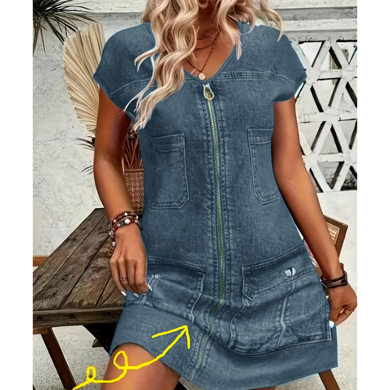 Esinila - Rochie Din Denim Cu Mâneci Scurte și Fermoar