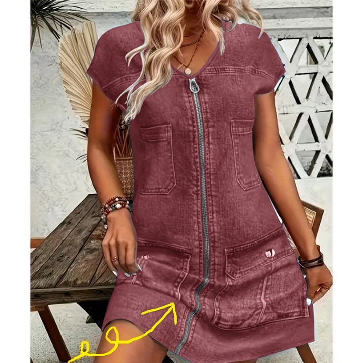 Esinila - Rochie Din Denim Cu Mâneci Scurte și Fermoar