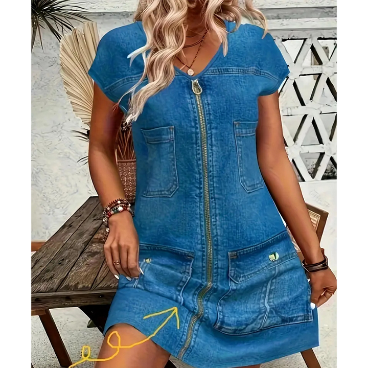 Esinila - Rochie Din Denim Cu Mâneci Scurte și Fermoar