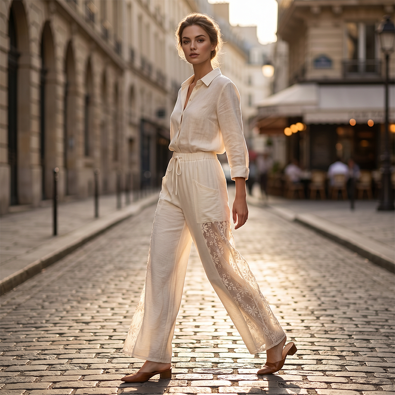 Qerina - Pantaloni Cu Inserții Delicate Din Dantelă Cu Motive Florale