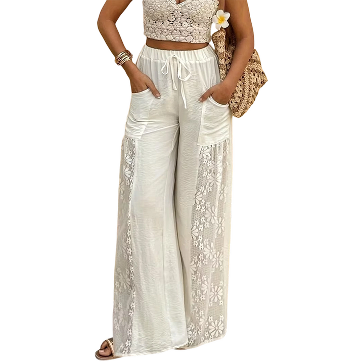 Qerina - Pantaloni Cu Inserții Delicate Din Dantelă Cu Motive Florale