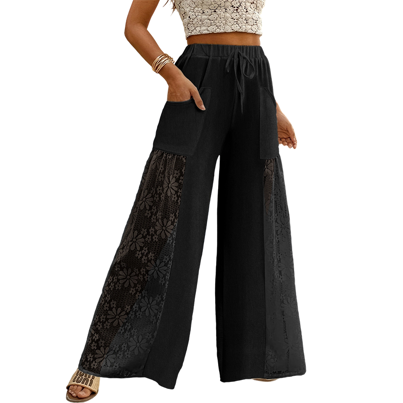 Qerina - Pantaloni Cu Inserții Delicate Din Dantelă Cu Motive Florale