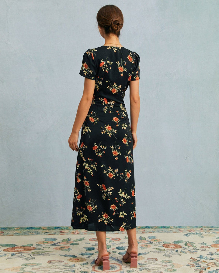 Kambria - Rochie Midi Cu Mâneci Scurte Si Flori