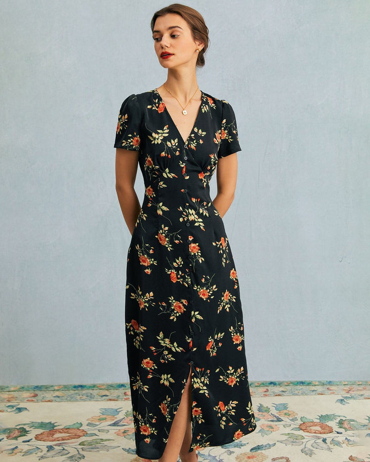 Kambria - Rochie Midi Cu Mâneci Scurte Si Flori