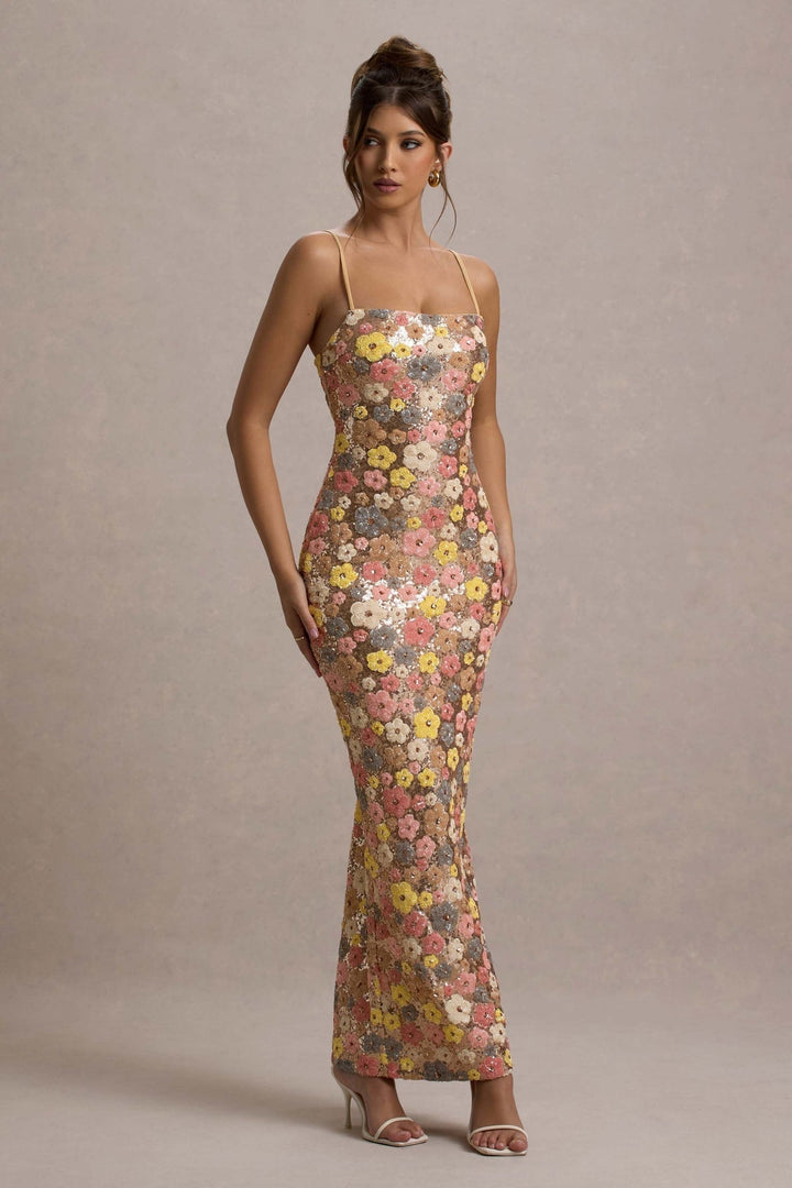Lolita - Rochie Lungă cu Bretele Subțiri și Imprimeu floral cu Paiete