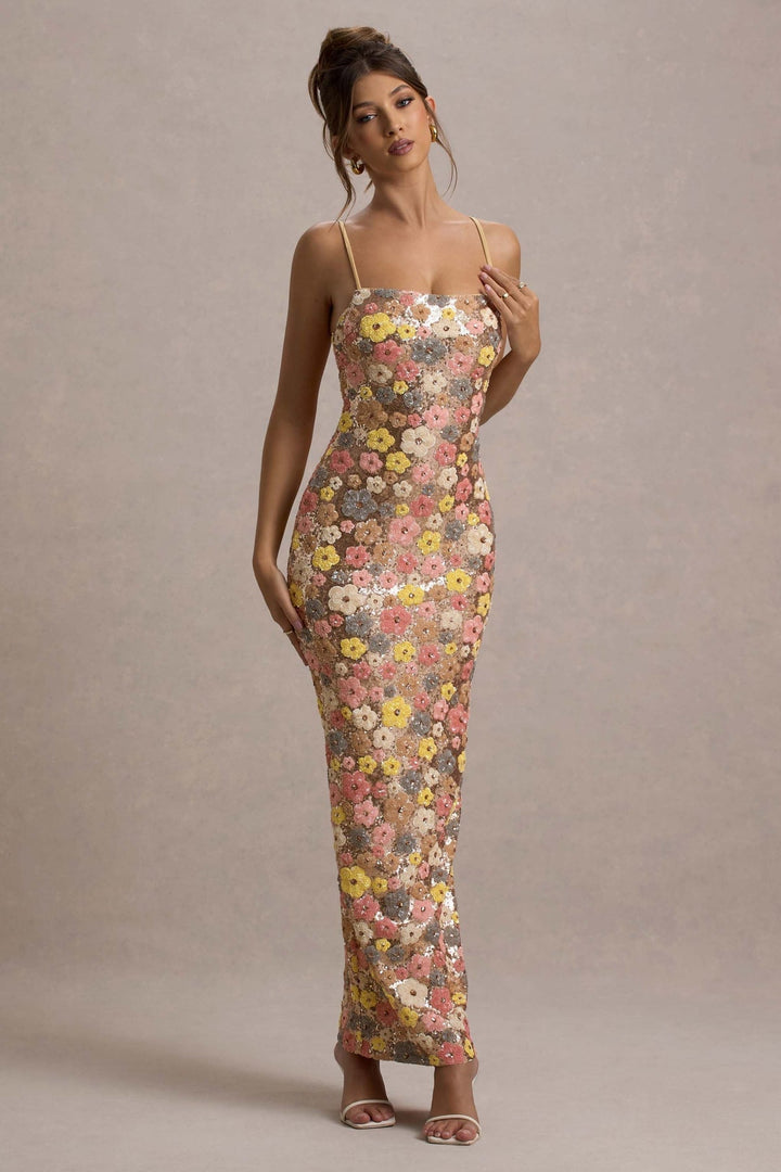 Lolita - Rochie Lungă cu Bretele Subțiri și Imprimeu floral cu Paiete