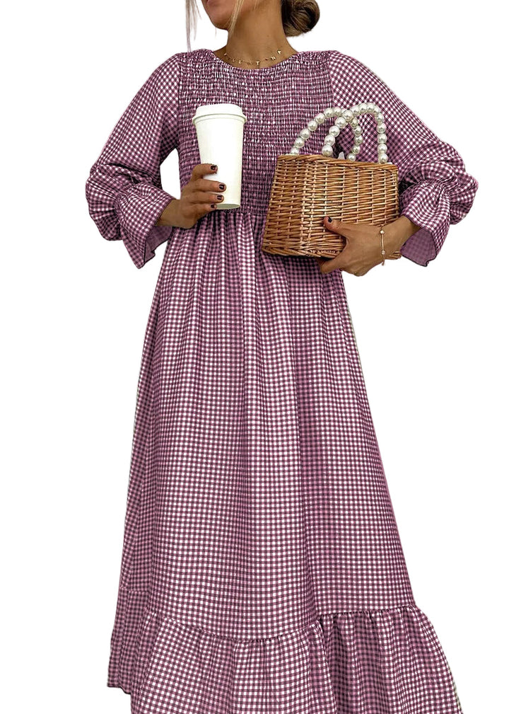 Helenee - Rochie Maxi În Carouri Cu Guler Rotund