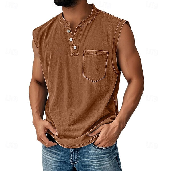 Latrell – Tricou Fără Mâneci Tip Henley, cu Buzunar